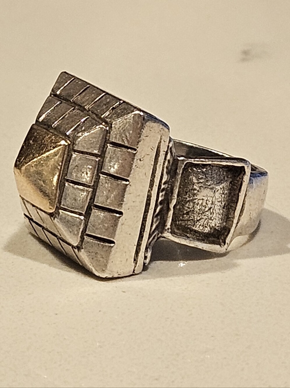 Massive Chunky Solid 14k Yellow Gold & Sterling Silver Pyramid Ring Artisan